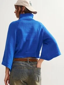 Bohemela Women's Vintage Casual Royal Blue Turtleneck Loose-Fit Knit Pullover Sweater For Fall, Perfect For Vacations, Going Out Travel, And Halloween Outfits - Blue - View 7