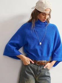 Bohemela Women's Vintage Casual Royal Blue Turtleneck Loose-Fit Knit Pullover Sweater For Fall, Perfect For Vacations, Going Out Travel, And Halloween Outfits - Blue - View 2