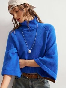 Bohemela Women's Vintage Casual Royal Blue Turtleneck Loose-Fit Knit Pullover Sweater For Fall, Perfect For Vacations, Going Out Travel, And Halloween Outfits - Blue - View 1