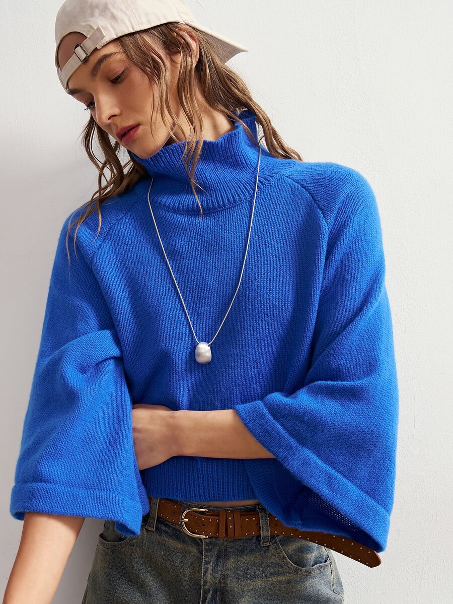 Bohemela Women's Vintage Casual Royal Blue Turtleneck Loose-Fit Knit Pullover Sweater For Fall, Perfect For Vacations, Going Out Travel, And Halloween Outfits - Blue - View 1