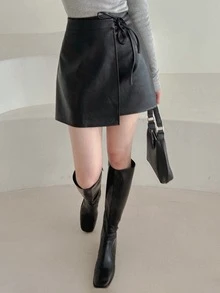 DAZY 纯色 PU 皮革裹身结饰侧裙 - 黑色 - 查看 9