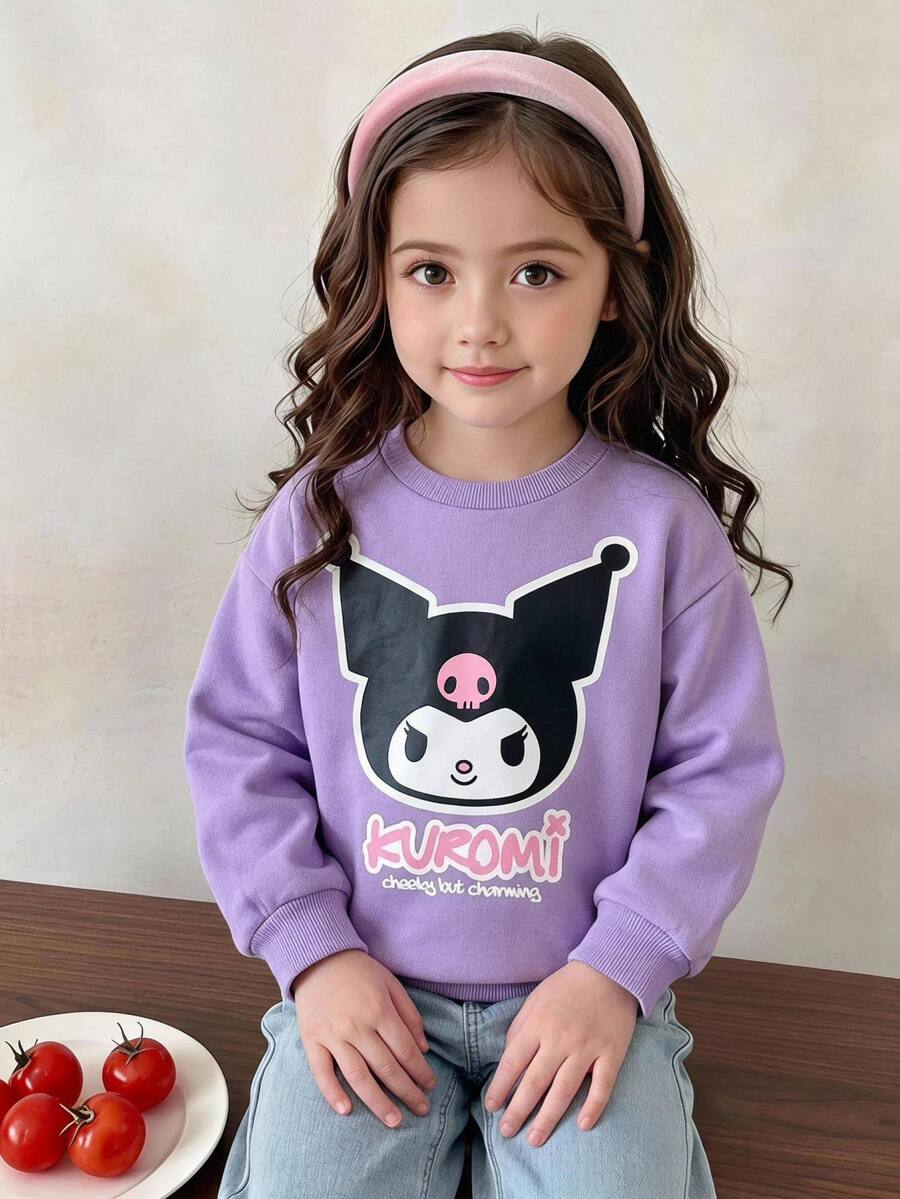 HELLO KITTY AND FRIENDS | SHEIN 少女可愛百搭聯名新款印花紫色寬鬆長袖圓領套頭運動衫,舒適,適合日常、假期等多種場合 - 紫色 - 查看 1