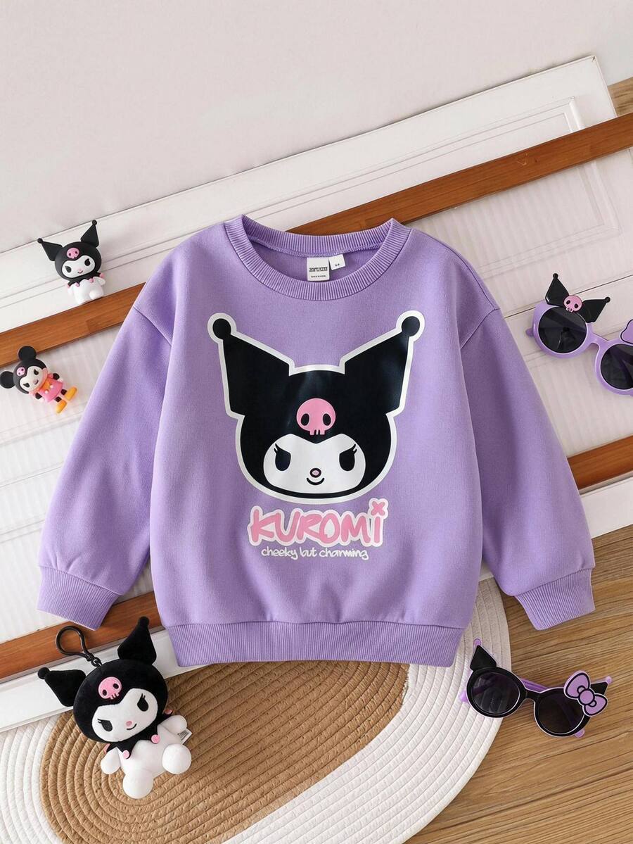 HELLO KITTY AND FRIENDS | SHEIN Sweatshirt Pullover Lengan Panjang Longgar Leher Bulat Motif Baru Warna Ungu, Cocok untuk Gadis Muda yang Imut, Serbaguna, Nyaman, Sesuai untuk Sehari-hari, Liburan, dan Berbagai Acara. - Purple - View 1