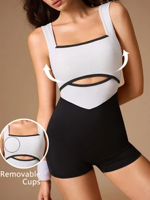 VARSIVA Women's Colorblock Criss-Cross Back Sleeveless Sports Activewear Romper Romper Gym Black And White Fall Modest Athleisure - Black and White - View 7