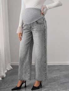 Momance Adjustable Waist Maternity Denim Straight Leg Pants - Grey - View 4