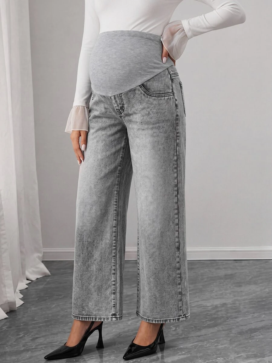 Momance Adjustable Waist Maternity Denim Straight Leg Pants - Grey - View 1