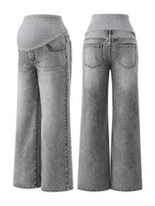 Momance Adjustable Waist Maternity Denim Straight Leg Pants - Grey - View 7