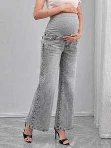 Momance Adjustable Waist Maternity Denim Straight Leg Pants - Grey - View 1