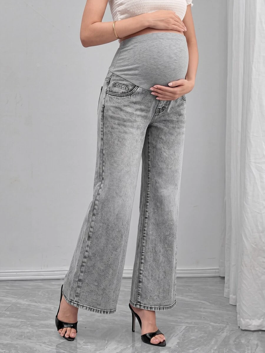 Momance Adjustable Waist Maternity Denim Straight Leg Pants - Grey - View 1