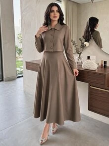 Feyla Women's Spring/Autumn Elegant Elegant Minimalist Solid Color Single-Breasted Open Front Cropped Jacket And Waist-Cinching Dress 2 Pieces Set - Camel - View 2