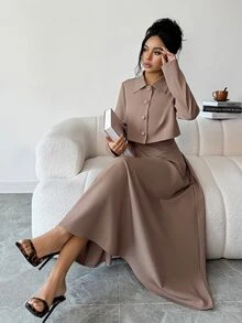 Feyla Women's Spring/Autumn Elegant Elegant Minimalist Solid Color Single-Breasted Open Front Cropped Jacket And Waist-Cinching Dress 2 Pieces Set - Camel - View 10