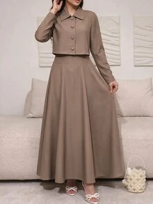 Feyla Women's Spring/Autumn Elegant Elegant Minimalist Solid Color Single-Breasted Open Front Cropped Jacket And Waist-Cinching Dress 2 Pieces Set - Camel - View 7
