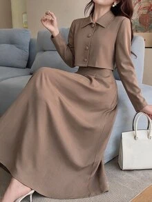 Feyla Women's Spring/Autumn Elegant Elegant Minimalist Solid Color Single-Breasted Open Front Cropped Jacket And Waist-Cinching Dress 2 Pieces Set - Camel - View 4