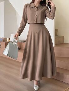 Feyla Women's Spring/Autumn Elegant Elegant Minimalist Solid Color Single-Breasted Open Front Cropped Jacket And Waist-Cinching Dress 2 Pieces Set - Camel - View 5