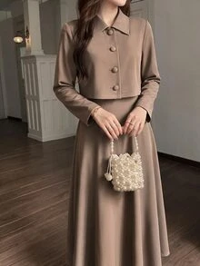 Feyla Women's Spring/Autumn Elegant Elegant Minimalist Solid Color Single-Breasted Open Front Cropped Jacket And Waist-Cinching Dress 2 Pieces Set - Camel - View 3