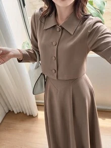 Feyla Women's Spring/Autumn Elegant Elegant Minimalist Solid Color Single-Breasted Open Front Cropped Jacket And Waist-Cinching Dress 2 Pieces Set - Camel - View 6
