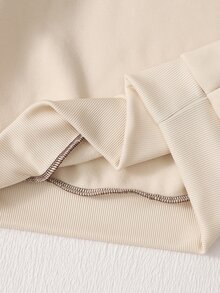 SHEIN 青少年女孩抓絨秋季套裝運動衫，長袖黑白棕色羅紋袖口、下擺領口，側邊飾帶，蝴蝶結校園可愛運動風 - 棕色 - 查看 8