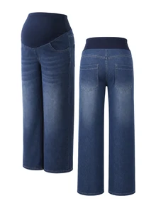 Momance Maternity Colorblock Casual Daily Wear Denim Long Pants - Medium Wash - View 8