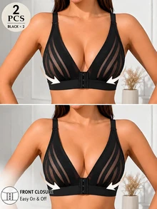 SHEIN 2件組魚網蕾絲拼接鏤空無內襯性感深V前扣無鋼圈女款內衣 - 黑色 - 查看 4