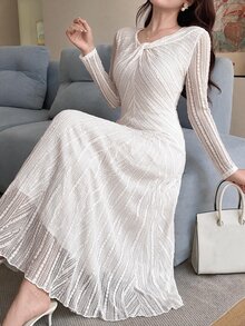 Feyla Women's Solid Color Pleated Casual Party Dress - Apricot - View 5
