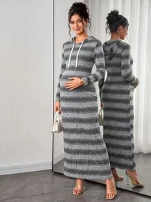 SHEIN Maternity Dress, Maternity Hooded Knit Dress, Elastic Ribbed Slim Fit Mid-Length Bodycon Sweatshirt Dress For Mid To Late Pregnancy, Maternity Slimming Inner Layer Dress - Grey - View 4