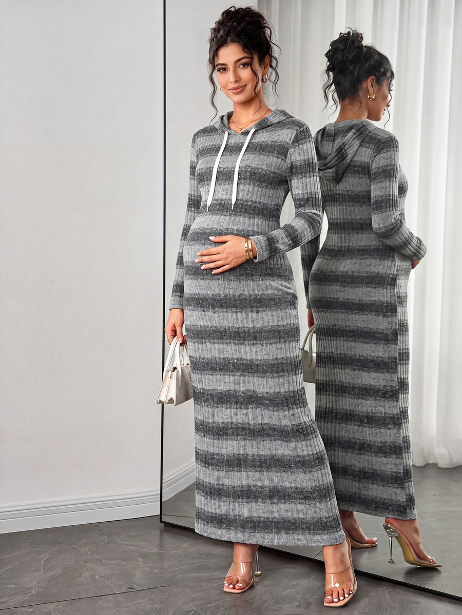 SHEIN Maternity Dress, Maternity Hooded Knit Dress, Elastic Ribbed Slim Fit Mid-Length Bodycon Sweatshirt Dress For Mid To Late Pregnancy, Maternity Slimming Inner Layer Dress - Grey - View 1