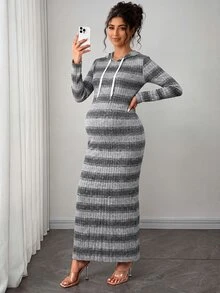 SHEIN Maternity Dress, Maternity Hooded Knit Dress, Elastic Ribbed Slim Fit Mid-Length Bodycon Sweatshirt Dress For Mid To Late Pregnancy, Maternity Slimming Inner Layer Dress - Grey - View 2