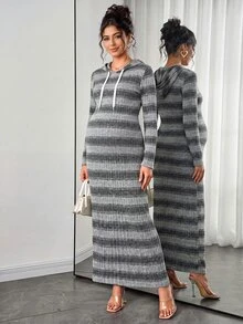 SHEIN Maternity Dress, Maternity Hooded Knit Dress, Elastic Ribbed Slim Fit Mid-Length Bodycon Sweatshirt Dress For Mid To Late Pregnancy, Maternity Slimming Inner Layer Dress - Grey - View 1