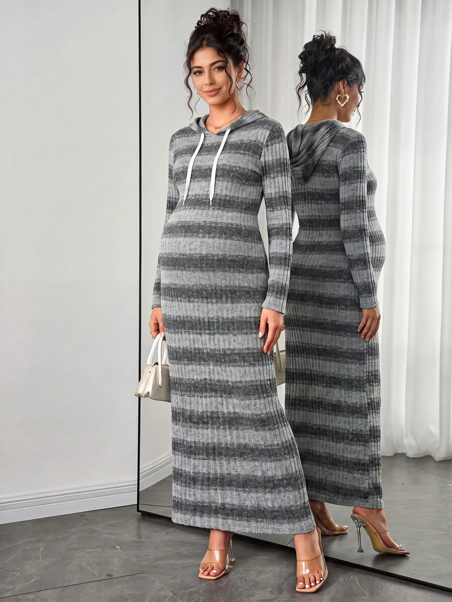 SHEIN Maternity Dress, Maternity Hooded Knit Dress, Elastic Ribbed Slim Fit Mid-Length Bodycon Sweatshirt Dress For Mid To Late Pregnancy, Maternity Slimming Inner Layer Dress - Grey - View 1