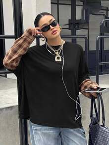 Muchica Plus Size Street Fashion Plaid Patchwork Long Sleeve Shirt - Black - View 1
