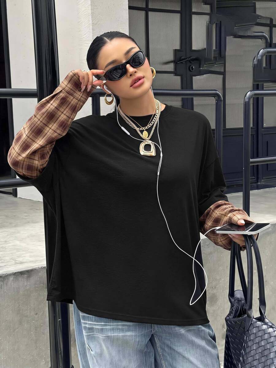 Muchica Plus Size Street Fashion Plaid Patchwork Long Sleeve Shirt - Black - View 1