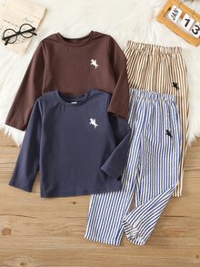 兒童小男孩/小女孩 4件組秋冬加厚長袖長褲居家服套裝 睡衣套裝 T恤套裝 幼兒冬季睡衣 適合居家與日常穿著 - 彩色 - 查看 1