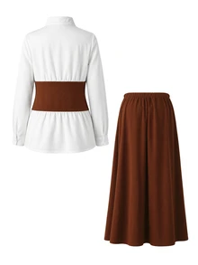 Momance Maternity 2 Pieces Set Elegant Casual Commute Long Sleeve Shirt Collar Contrast Color Asymmetrical Design Front Button A-Line White Burgundy Fall - Brown - View 6