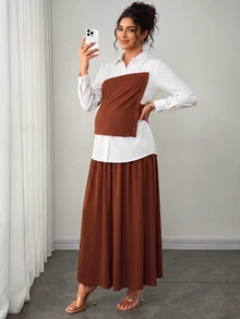 Momance Maternity 2 Pieces Set Elegant Casual Commute Long Sleeve Shirt Collar Contrast Color Asymmetrical Design Front Button A-Line White Burgundy Fall - Brown - View 4