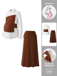 Momance Maternity 2 Pieces Set Elegant Casual Commute Long Sleeve Shirt Collar Contrast Color Asymmetrical Design Front Button A-Line White Burgundy Fall - Brown - View 5