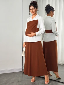 Momance Maternity 2 Pieces Set Elegant Casual Commute Long Sleeve Shirt Collar Contrast Color Asymmetrical Design Front Button A-Line White Burgundy Fall - Brown - View 1