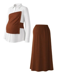 Momance Maternity 2 Pieces Set Elegant Casual Commute Long Sleeve Shirt Collar Contrast Color Asymmetrical Design Front Button A-Line White Burgundy Fall - Brown - View 8