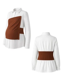 Momance Maternity 2 Pieces Set Elegant Casual Commute Long Sleeve Shirt Collar Contrast Color Asymmetrical Design Front Button A-Line White Burgundy Fall - Brown - View 7