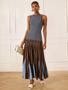 Lilora 女款優雅法式成熟風針織洋裝，高端時尚百搭，適合通勤、茶會、日常休閒、早午餐，秋季，棕色與藍色 - 彩色 - 查看 8
