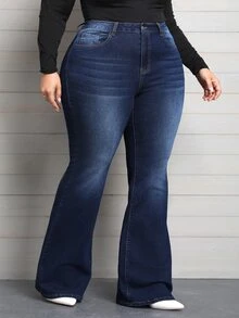 SHEIN CURVE+ Plus Size Women's Sexy Stretchy Denim Flared Pants - Dark Wash - View 4