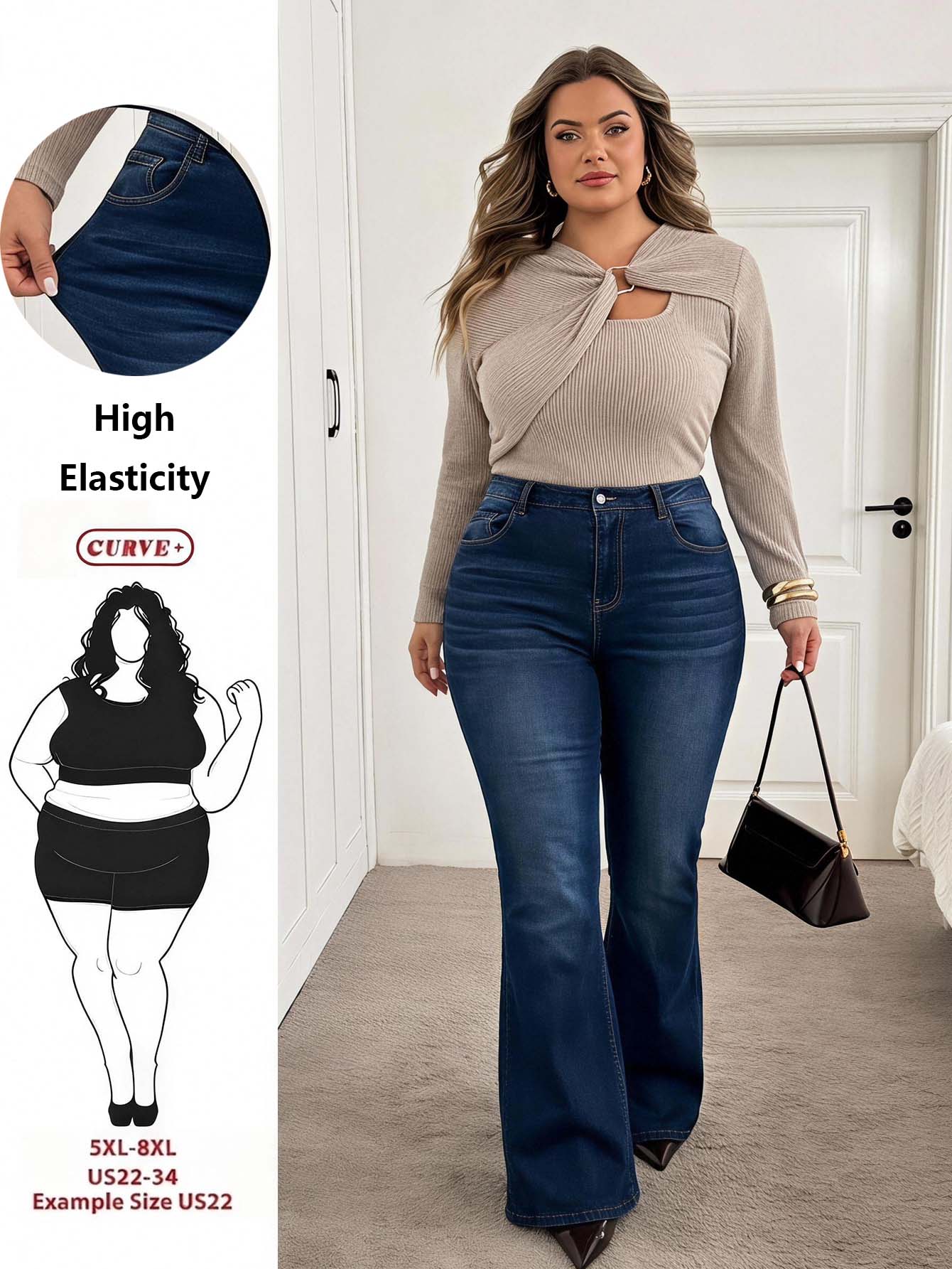 SHEIN CURVE+ Plus Size Women's Sexy Stretchy Denim Flared Pants - Dark Wash - View 1