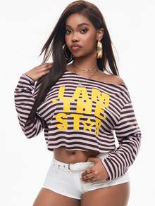Vadaroq Women's Fall/Winter Brown And Pink Letter Print Asymmetrical Neck Cropped T-Shirt Brunch Outfits Rave Concert Streetwear Disco - Multicolor - View 6