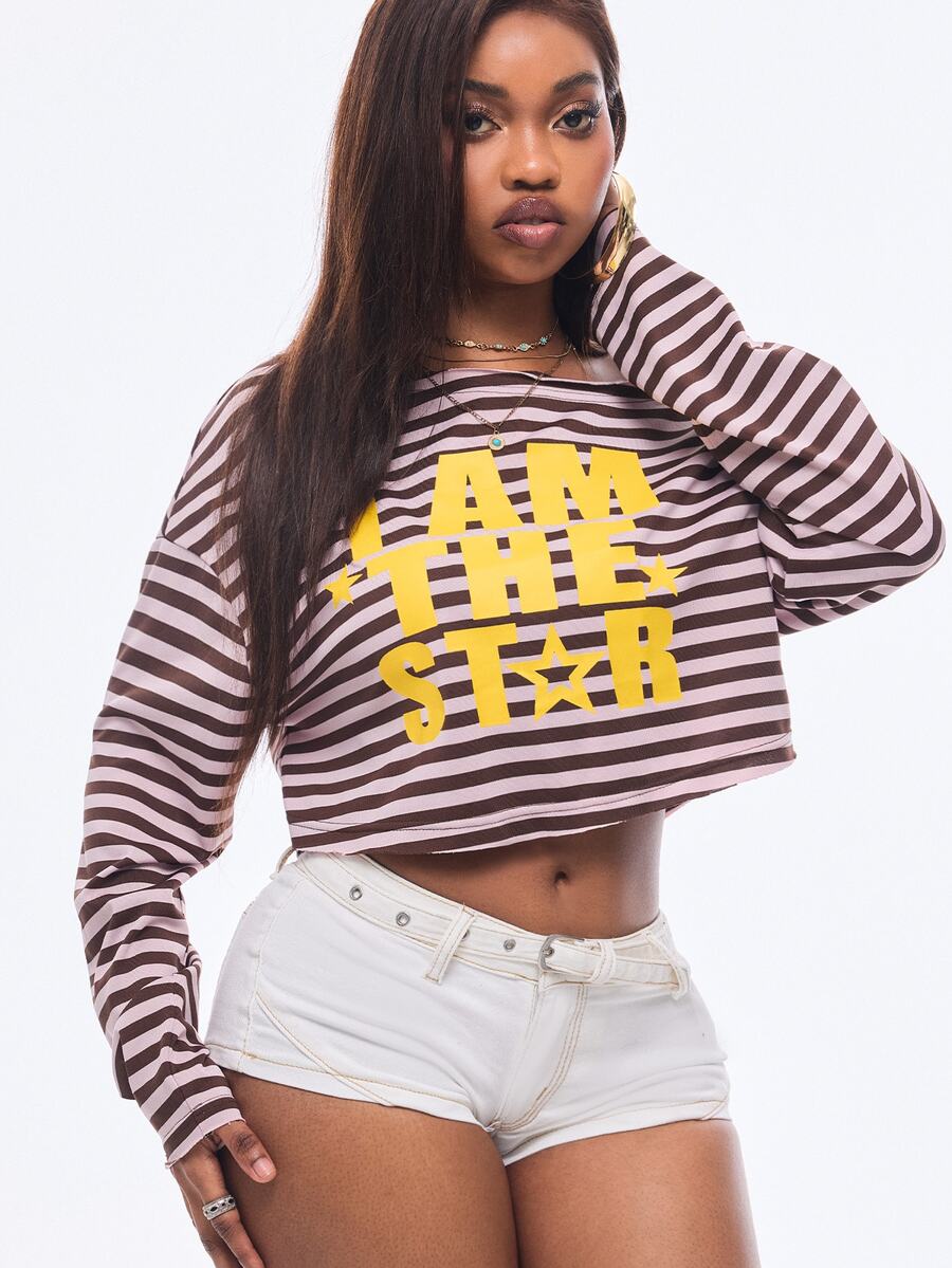Vadaroq Women's Fall/Winter Brown And Pink Letter Print Asymmetrical Neck Cropped T-Shirt Brunch Outfits Rave Concert Streetwear Disco - Multicolor - View 1