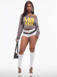Vadaroq Women's Fall/Winter Brown And Pink Letter Print Asymmetrical Neck Cropped T-Shirt Brunch Outfits Rave Concert Streetwear Disco - Multicolor - View 2