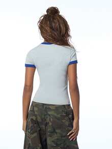 COUREZ Ringer Tee With Slogan Print / Y2K Tops For Women Fall Clothes For Women Autumn Winter Clothes For Women Casual Tops Back To School Graphic Tee - Grey - View 3