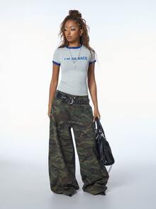 COUREZ Ringer Tee With Slogan Print / Y2K Tops For Women Fall Clothes For Women Autumn Winter Clothes For Women Casual Tops Back To School Graphic Tee - Grey - View 1