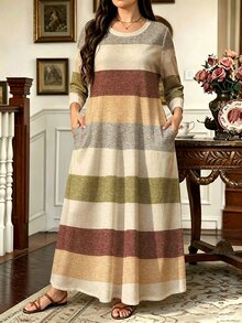 SHEIN LUNE Women's Plus Size Striped Print Round Neck Long Sleeve Pocket Casual Dress, Suitable For Autumn Daily Indoor And Outdoor Wear Fall - Multicolor - View 1