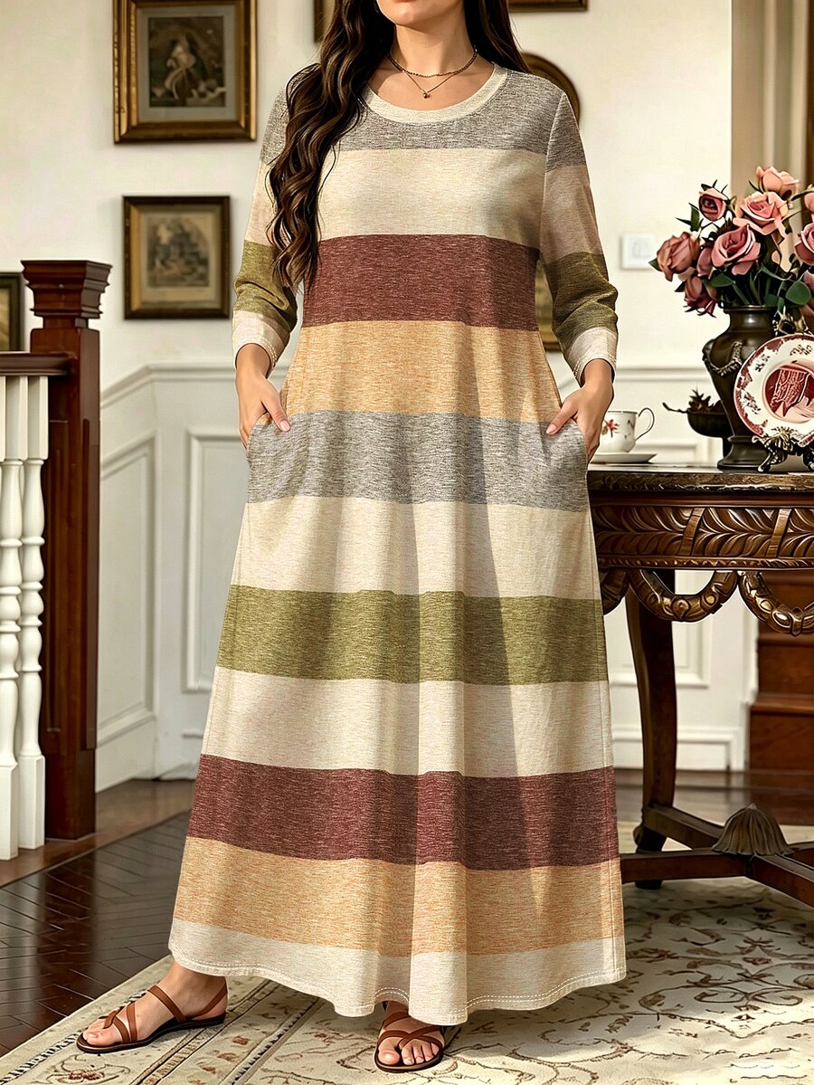 SHEIN LUNE Women's Plus Size Striped Print Round Neck Long Sleeve Pocket Casual Dress, Suitable For Autumn Daily Indoor And Outdoor Wear Fall - Multicolor - View 1