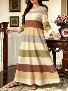 SHEIN LUNE Women's Plus Size Striped Print Round Neck Long Sleeve Pocket Casual Dress, Suitable For Autumn Daily Indoor And Outdoor Wear Fall - Multicolor - View 3