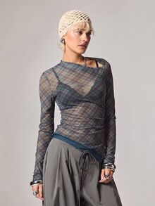 COUREZ Asymmetric Neck Top In Check / Y2K Going Out Tops Fall CLothes For Women Autumn Outfits Women Winter Tops Plaid - Multicolor - View 4